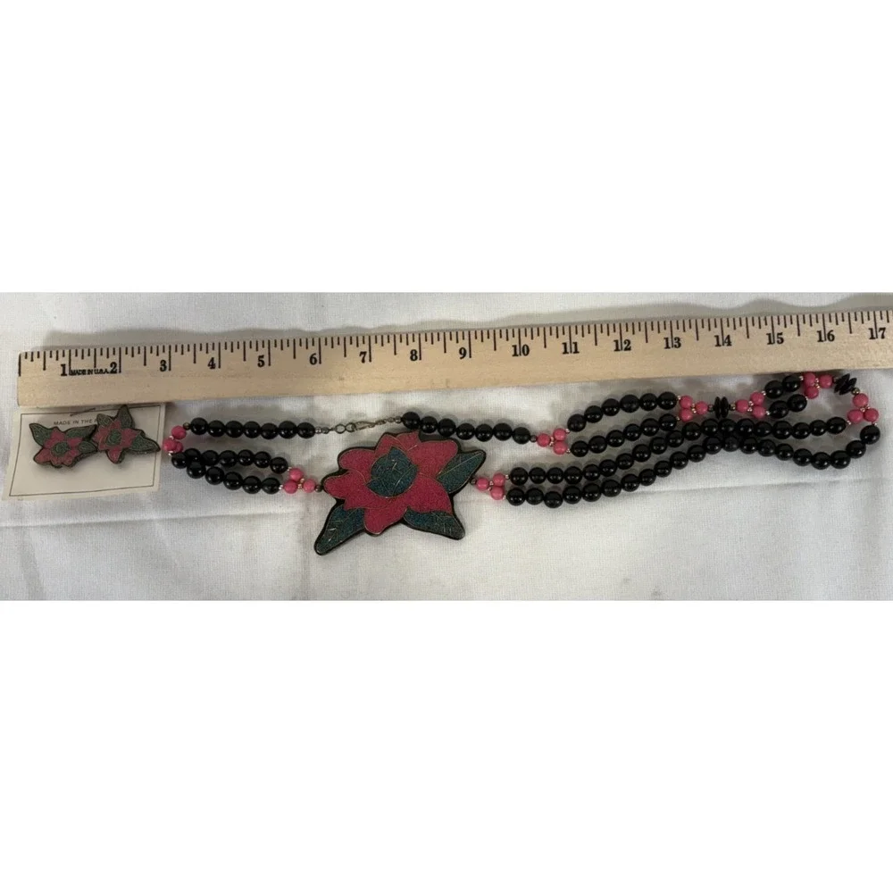 Made in Philippines Vintage Pink Floral Black Beads Necklace Matching Earrings